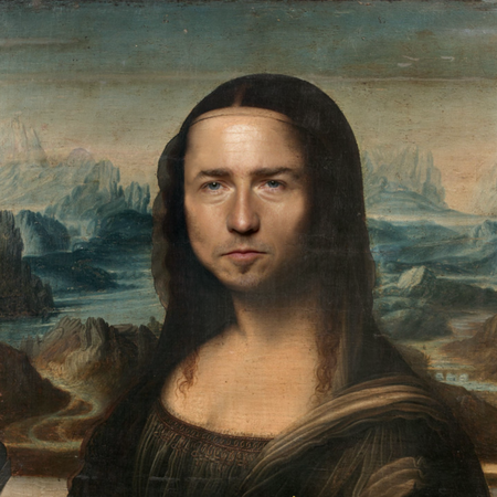 An image of Edward Norton's face photoshopped on an image of the Mona Lisa.
