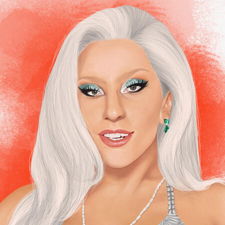 A digital illustration of Lady Gaga with white hair, in a silver beaded gown, wearing emerald green jewelry and matching makeup.