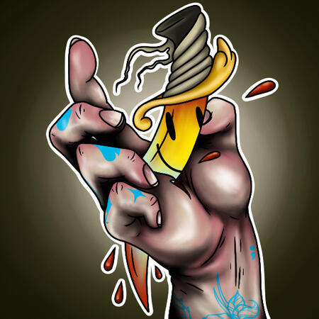 A digital illustration of a tattooed hand being stabbed into by a smiley-faced dagger. This is drawn in the Neo-Traditional Style.