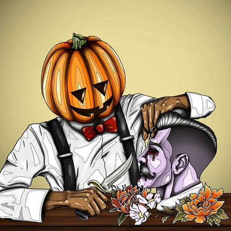 Digital illustration of a humanoid pumpkin carving into a human man's head. The drawing is done in the Neo-Traditional style.