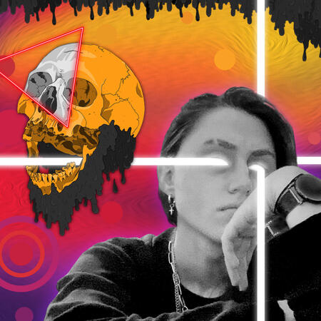 A cropped manipulated image. Includes a black and white photograph of a person resting their chin on their hand; a purple, pink, and orange gradient background; and a digitally drawn skull.