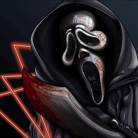 A digital illustration of a masked ghostly horror film villain.